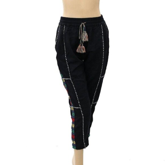 Ulla Johnson Embroidered Black Pants Smocked High Waisted Cotton S New